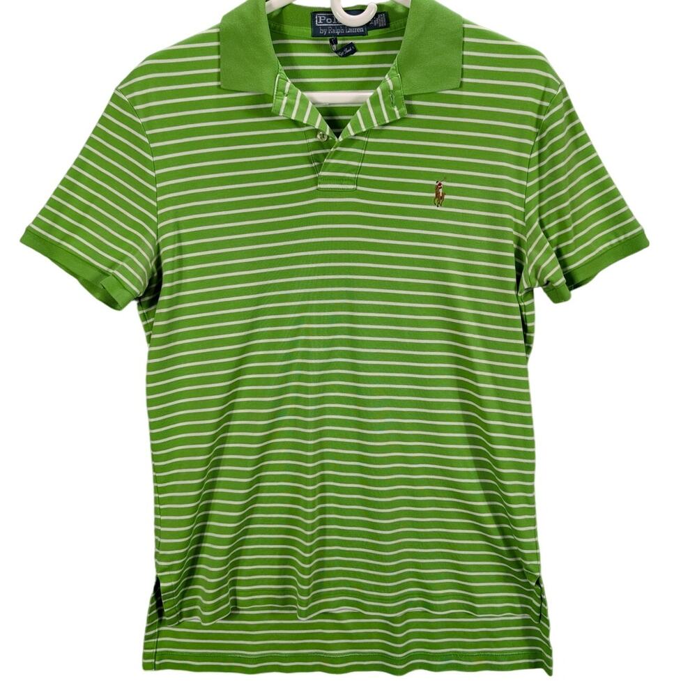 Polo Ralph Lauren Shirt Mens Medium Green White Stripes Golf Polo Pony Logo